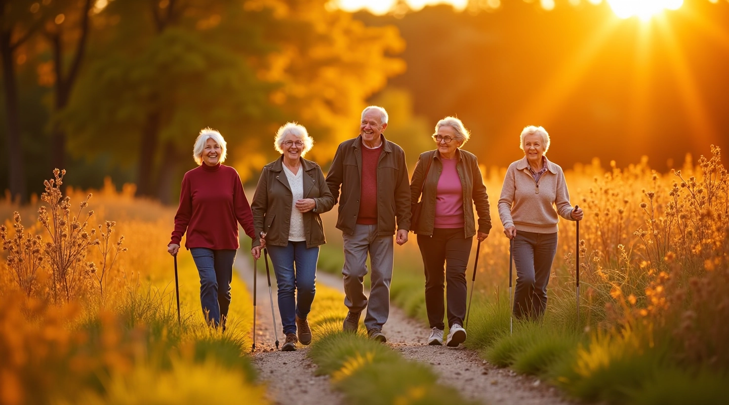 Seniori žmonės keliauja per Lietuvos gamtą, smalsūs ir laimingi