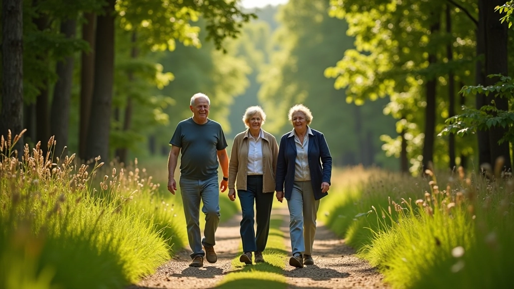 Seniori grupė keliauja per mišką, gražiame Lietuvos kraštovaizdy