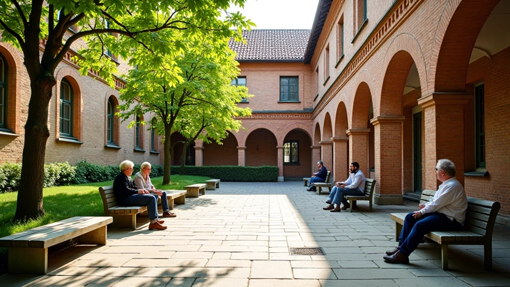 Vilniaus universiteto kiemas su senuomis mūrinėmis sienomis ir žalia arkada