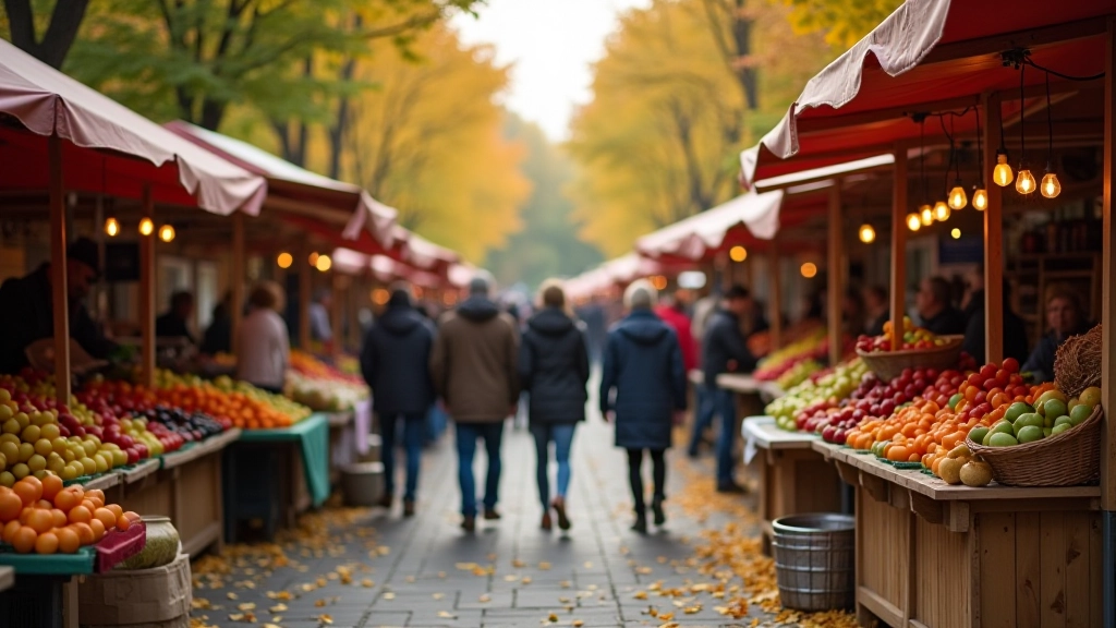Rudens mugės Kaune stulpai su vaisiais, daržovėmis ir amatų produktais