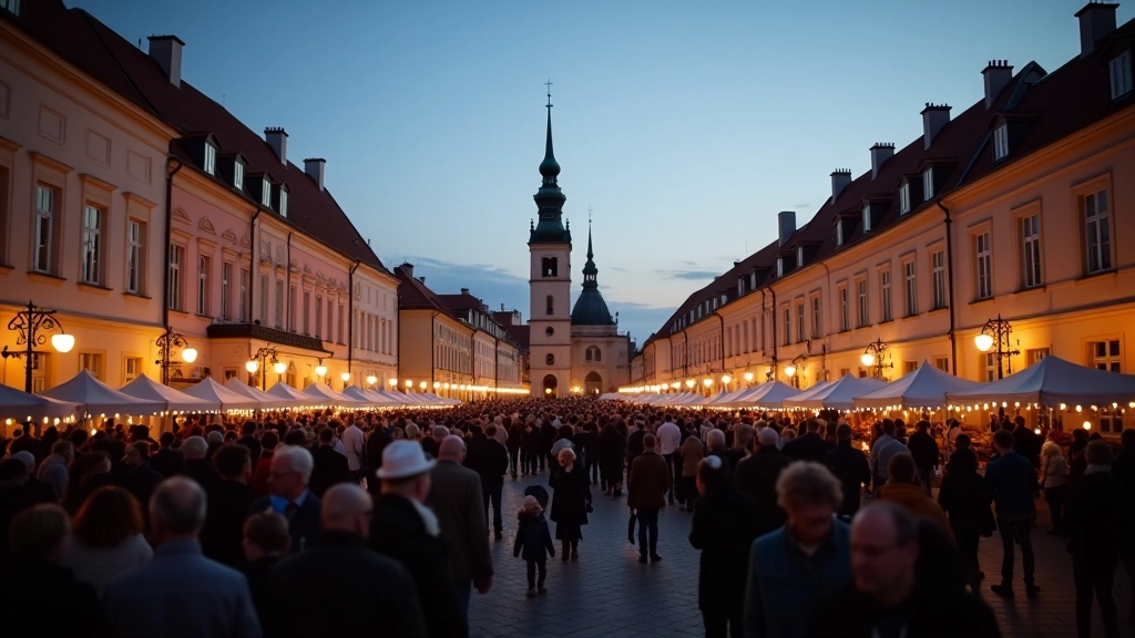 Vilniaus Katedros aikštė su žmonėmis, gražiu vakariu ir šviesa