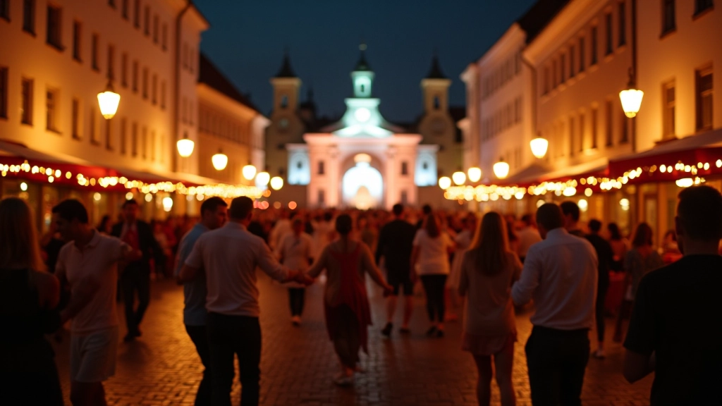 Vilniaus senamiesčio gatvė vakarą su nusviestos scenos, publiką ir tradicinėmis šviesos dekoracijomis